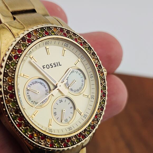 Fossil Women's Stella Rose Gold Watch Multi Color Crystal Bezel ES-3201 Glitz - Picture 3 of 8